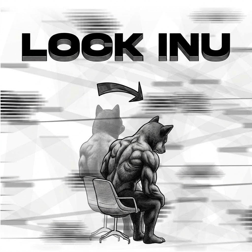 A sketch: an arrow from a faded dog to a muscular dog hunched in a chair.